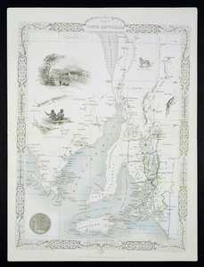 Část jižní Austrálie, ze série map světa vydané Johnem Tallisem a spol., New York a Londýn, 50. léta 19. století